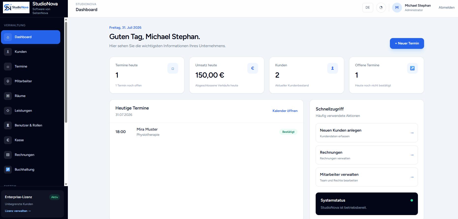 StudioNova Dashboard mit Terminen, Umsatz und Kundenübersicht
